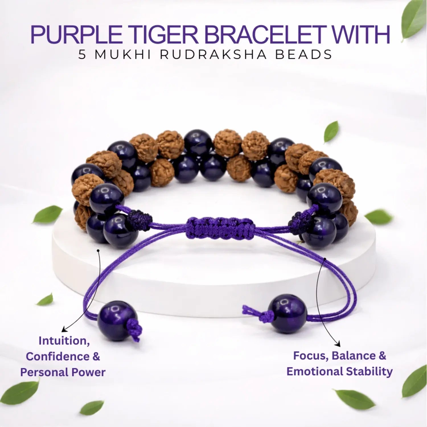Purple Tiger Bracelet With 5 Mukhi Rudraksha Beads
