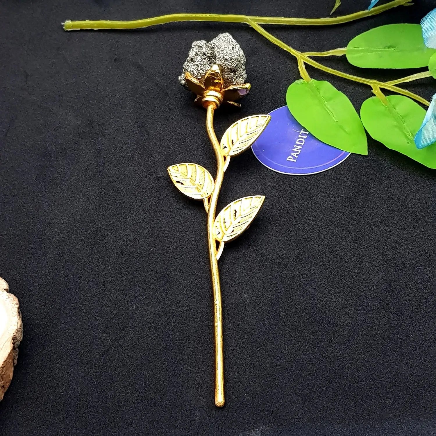 Pyrite Rose with Golden Stem