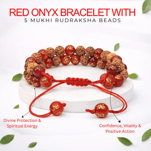 Red Onyx Om Bracelet With 5 Mukhi Rudraksha Beads — close-up macro showing surface texture and natural lines