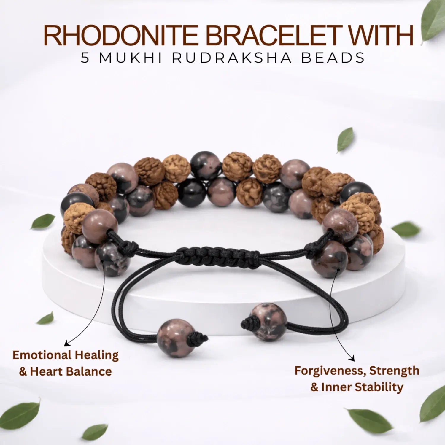 Rhodonite Crystal Bracelet With 5 Mukhi Rudraksha Beads