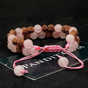 Rose Quartz Bracelet With 5 Mukhi Rudraksha Beads — main bead view showing mukhi (faces)
