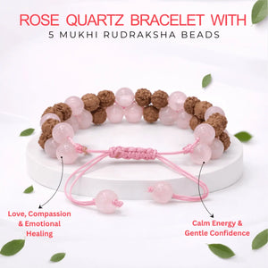 Rose Quartz Bracelet With 5 Mukhi Rudraksha Beads — close-up macro showing surface texture and natural lines