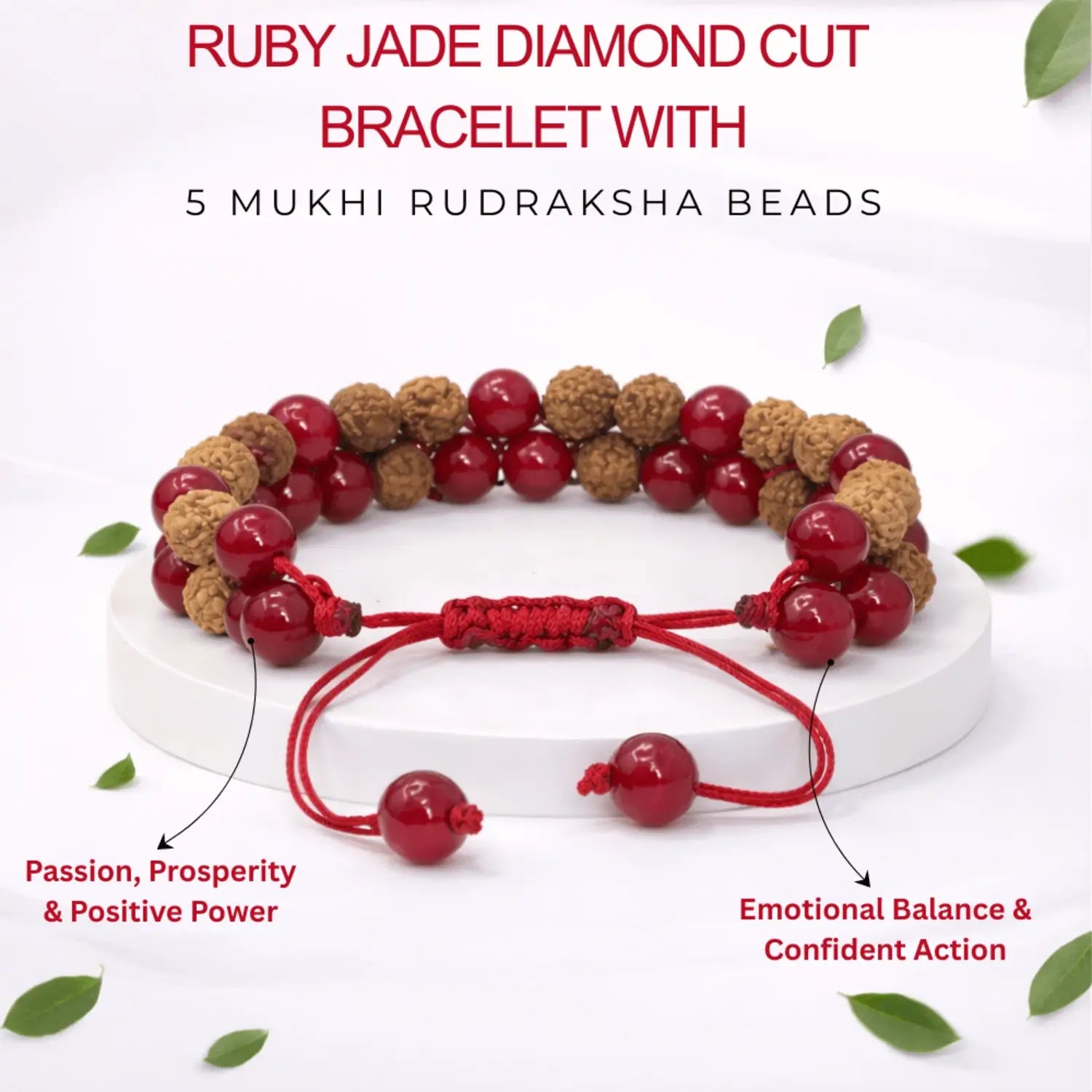 Ruby Jade Diamond Cut Bracelet With 5 Mukhi Rudraksha Beads
