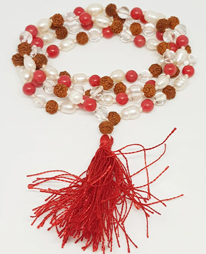 Rudraksha Sphatik Mala with Moonga and Pearl Beads