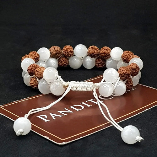 Selenite Bracelet With 5 Mukhi Rudraksha Beads — main bead view showing mukhi (faces)