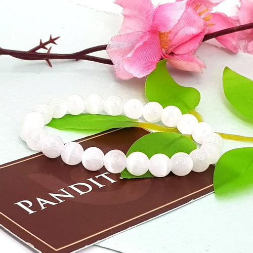 Selenite Bracelet — front view of bracelet showing beads and stringing