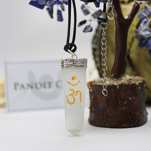 Selenite Om Pencil Pendant — main pendant view