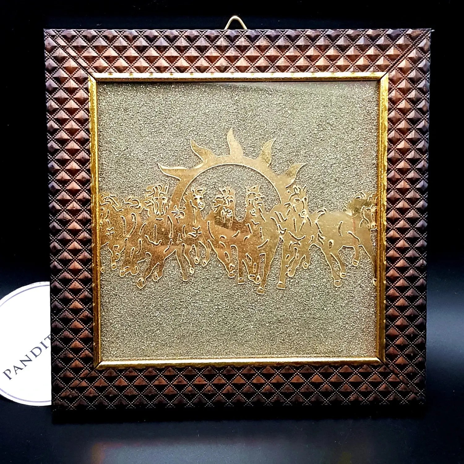 Seven Running Horses Pyrite Dust Plate With Wooden Frame