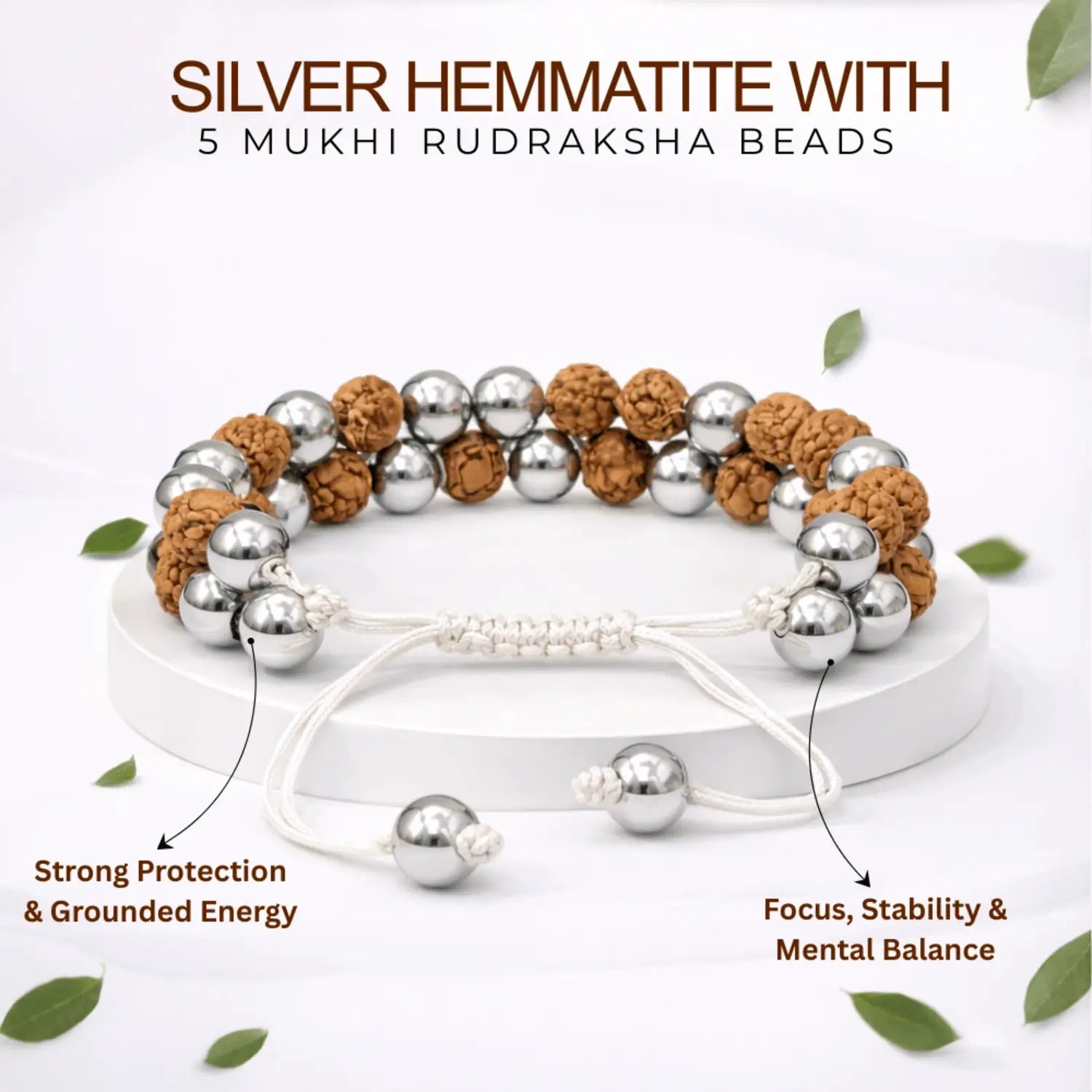 Silver Hematite Bracelet With 5 Mukhi Rudraksha Beads