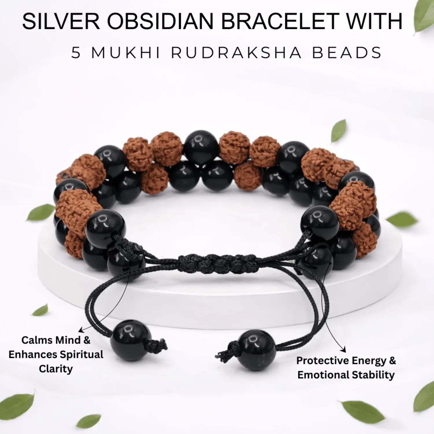 Silver Obsidian Bracelet With 5 Mukhi Rudraksha Beads
