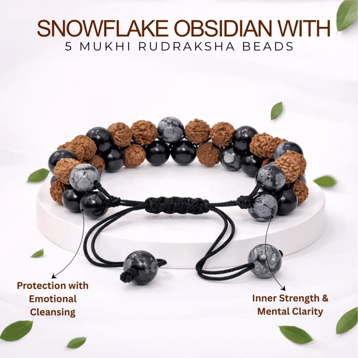 Snowflake Obsidian Bracelet With 5 Mukhi Rudraksha Beads
