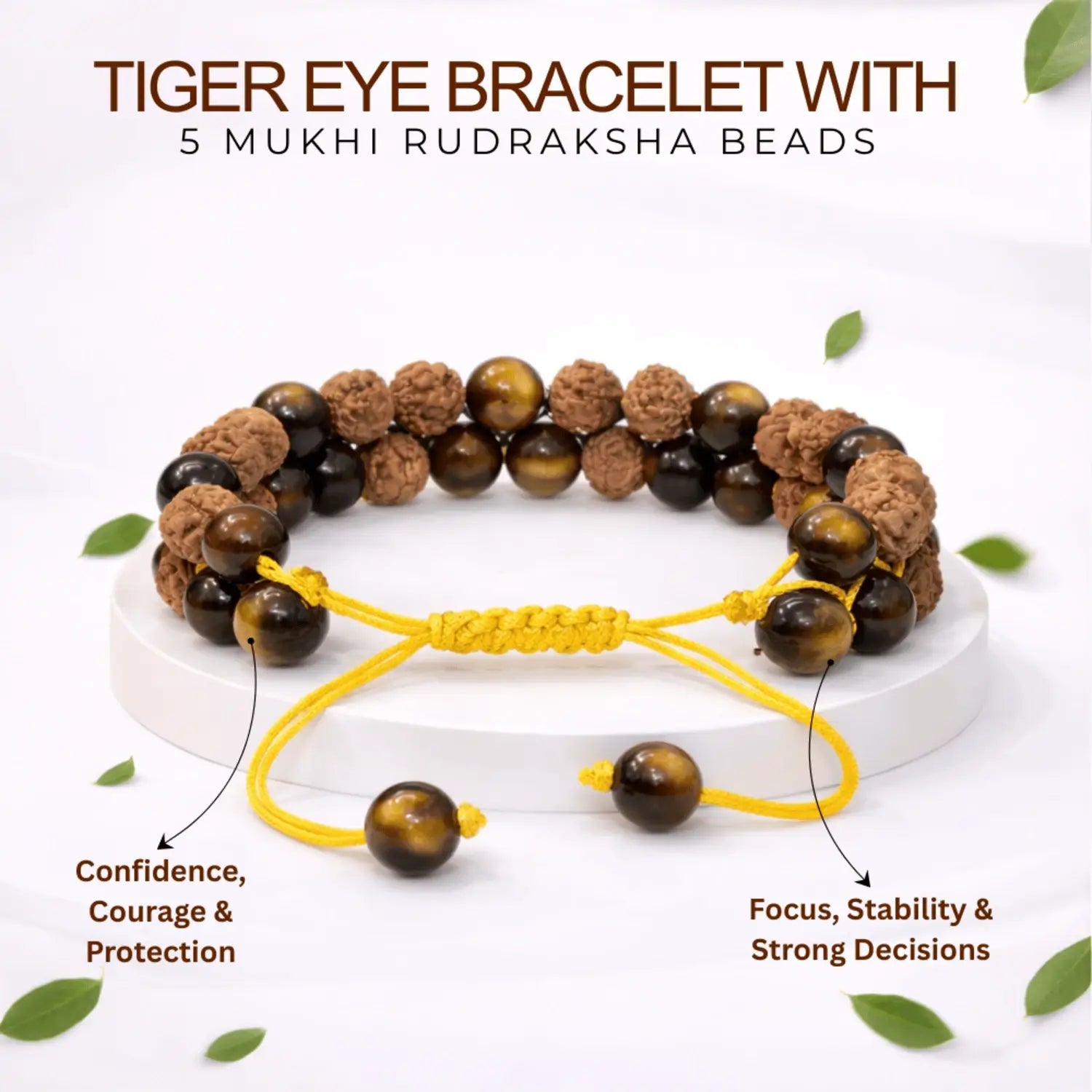 Tiger Eye Bracelet With 5 Mukhi Rudraksha Beads