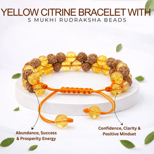 Yellow Citrine Bracelet With 5 Mukhi Rudraksha Beads — close-up macro showing surface texture and natural lines