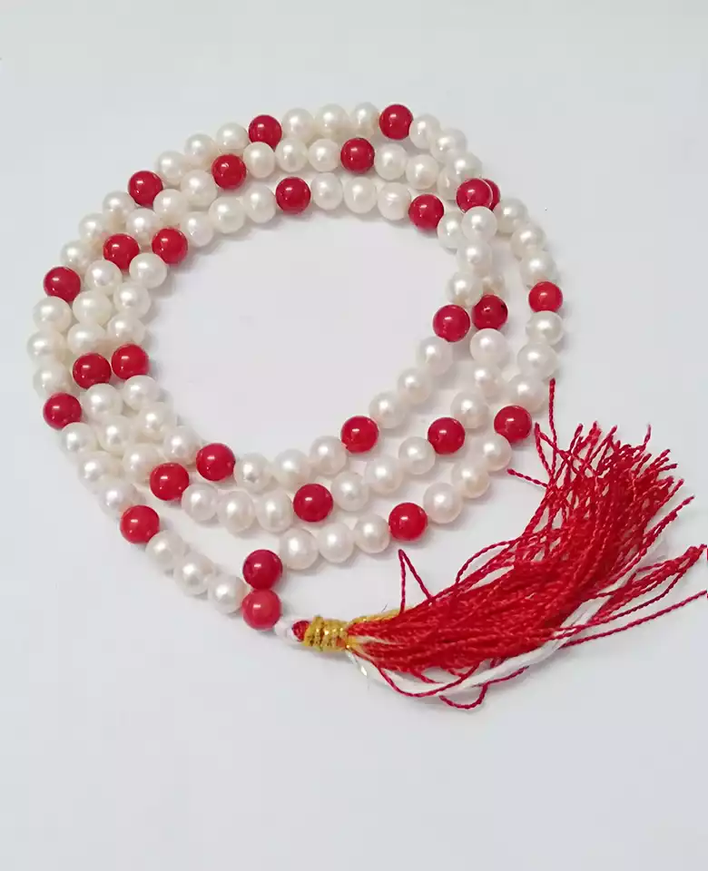 Red Coral and White Pearl Mala