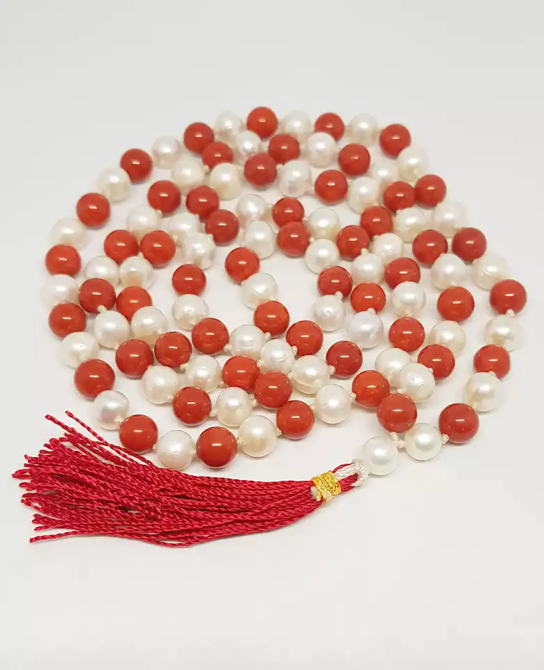 Red Coral and White Pearl Mala